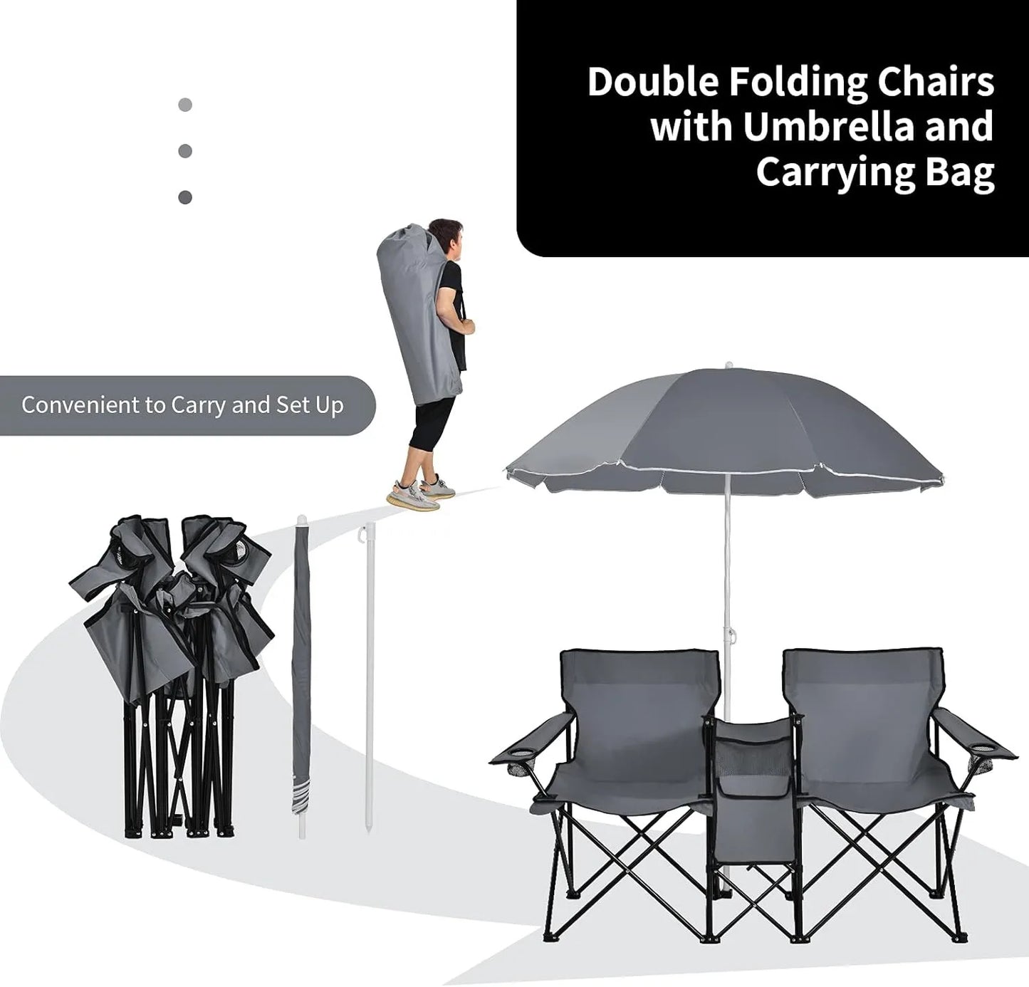 Portable Folding Picnic Double Chair W/Umbrella Table Cooler Beach Camping Chair for Patio Pool Park Outdoor